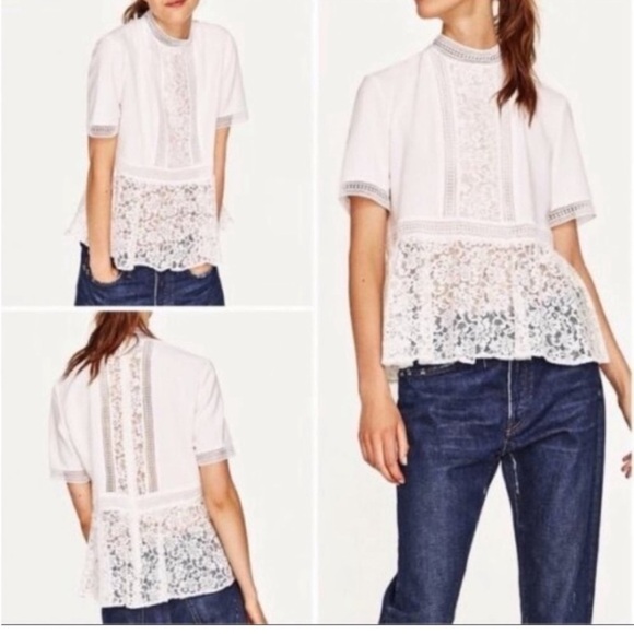 Zara Lace Panel Peplum High Neck Short Sleeve Blouse Size XS - Picture 3 of 9